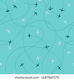 Airplane Line Path - Seamless Pattern On Sky Blue Background. Plane Silhouettes On Flight Routes With Dotted Destination Lines. Flat Vector Illustration.