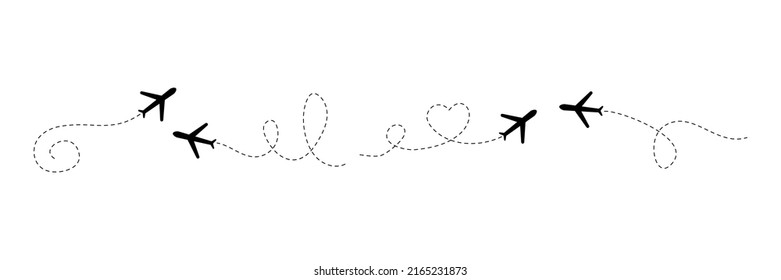 Airplane line path set. Plane flight route with line trace. Tourism and travel concept. Vector illustration  isolated on white background.