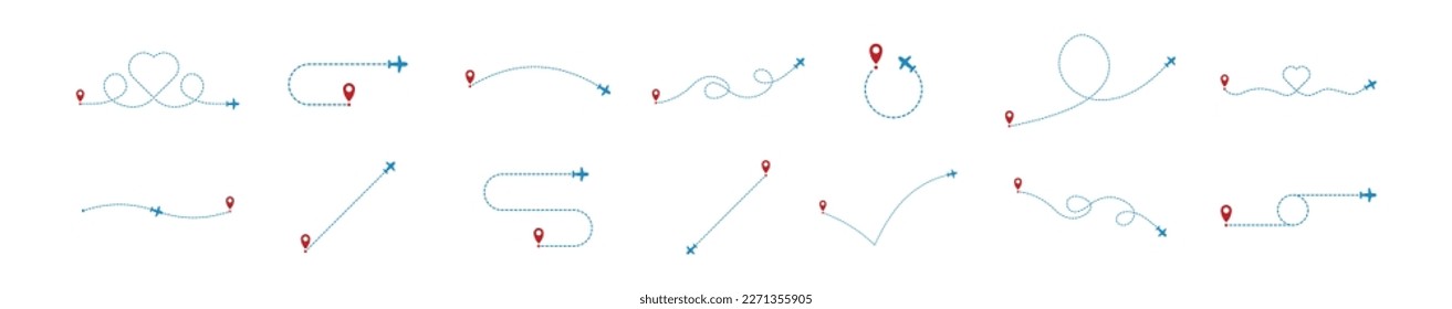 Airplane line path set. Set of the plane icons. Vector illustration.