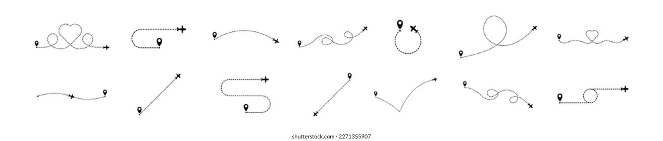 Ruta de la línea del avión establecida. Conjunto de iconos del plano. Ilustración vectorial.