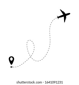 Airplane line path and start point on white background. Dash line trace of trip. Air travel with aircraft tracking. Visual flight route. Airport symbol or aviation. Infografic itinerary in sky. Vector