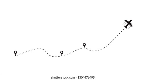 Airplane line path. Starting pin to destination point. Travel concept. Vector illustration