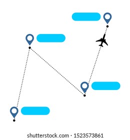 Airplane line path with straight segments with transfer pin map points. Airline route complex fly. 