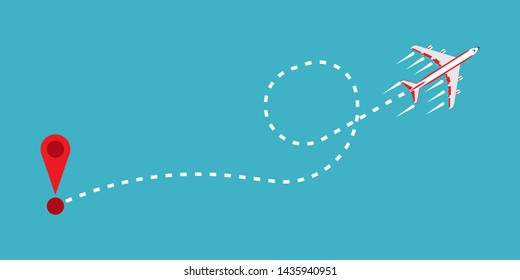 Airplane line path track flight vector illustration. Trace dotted route plane travel transport. Business trip traffic way direction top view