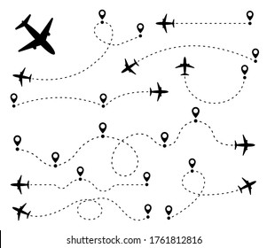 Airplane line path travel line icon set.Airplane path in dotted line shape.Airplane routes set.Romantic travel, heart dashed line trace and plane routes isolated vector illustration.Set of traces of t