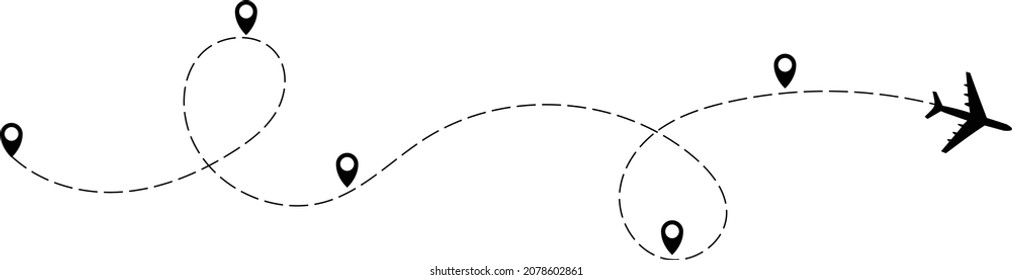 Juego de iconos de línea de viaje de la línea de la línea del avión. Ruta del avión en forma de línea de puntos. Ruta del avión establecida. Viajes románticos, trazos de líneas discontinuas del corazón y rutas de avión aisladas ilustraciones vectoriales.