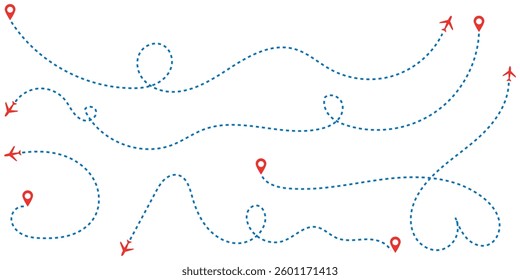 Airplane line path travel line icon set.Airplane path in dotted line shape.Airplane routes set.  Travel from start point and dotted line tracing