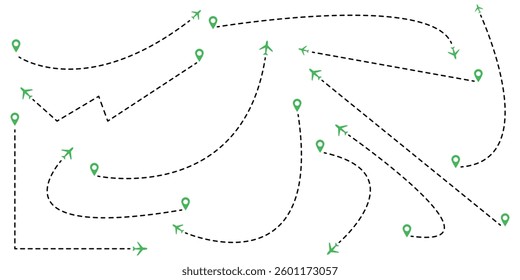 Airplane line path travel line icon set.Airplane path in dotted line shape.Airplane routes set.Romantic travel, heart dashed line trace and plane routes isolated vector illustration.