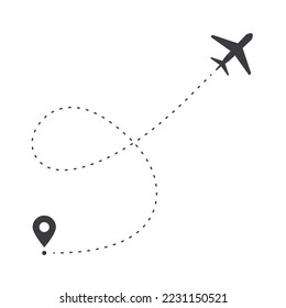 Airplane line path vector black icon. Plane flight route with start point and line trace isolated illustration.