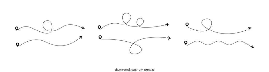 Airplane line path vector collection. Plane way icon set. Airplane tracking. Travel concept. Adventure concept. Adventure tourism. Infographic design. Line vector. Vector illustration. EPS 10