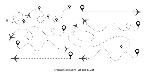 Vektordesign für Fluglinienpfade. Symbolsatz für Flugrouten. Gestricheltes Routenkonzept. Tapete auf weißem Hintergrund.