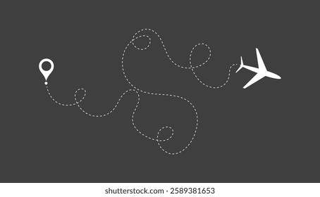 Airplane line path vector design. Airplane flying dotted line to destination collection.