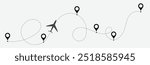 Airplane line path vector icon set of air plane flight route with start point and dash line trace. Various aircraft and destination location pins icons. Airplane line path route travel vector