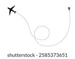 Airplane line path vector icon showing a flight route with start point and dash line trace. Simple flat vector travel concept for aviation, tourism, or transportation projects.