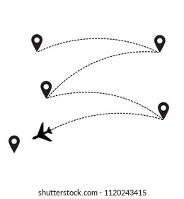Airplane line path vector icon of air plane flight route with start point and dash line trace