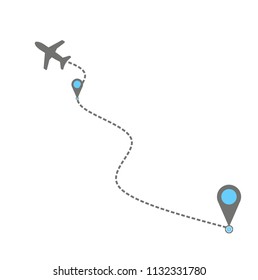Airplane line path vector icon of air plane flight route with start point and dash line trace	
