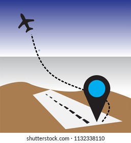 Airplane line path vector icon of air plane flight route with start point and dash line trace