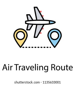 
Airplane line path vector icon of airplane flight route with start point and dash line trace
