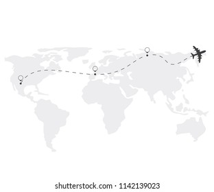 Airplane line path vector icon of air plane flight route with start point and dash line trace