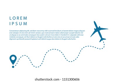 Airplane line path vector icon of air plane flight route with start point and dash line trace. Aircraft clip art icon with route path track in blue and white. Airplane simple vector illustration.