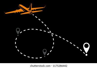 Airplane line path vector icon of air plane flight route with start point and dash line trace. Vector illustration