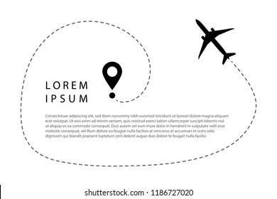 Airplane line path vector icon of air plane flight route with start point and dash line trace. Aircraft clip art icon with route path track in black and white. Airplane simple vector illustration.