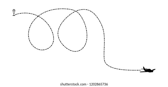 Airplane line path vector icon of air plane flight route with start point and dash line trace