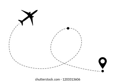 Airplane line path vector icon of air plane flight route with start point, transfer point and dash line trace. Aircraft clip art icon with route path track in black and white. Airplane minimal vector.