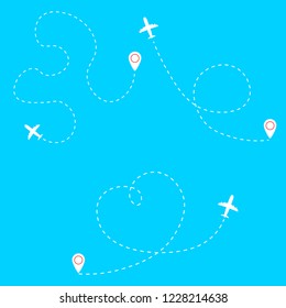Airplane line path vector icon of air plane on a blue background. Vector illustration.