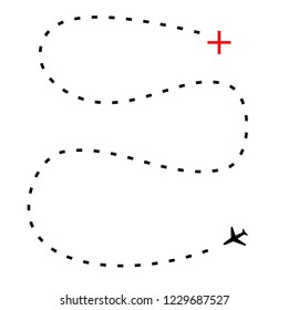 Airplane line path vector icon of air plane flight route with start point and dash line trace