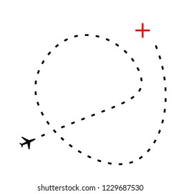 Airplane line path vector icon of air plane flight route with start point and dash line trace