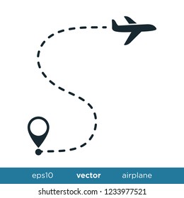 Airplane line path vector icon of air plane flight route with start point and dash line trace travel logo template
