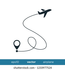 Airplane line path vector icon of air plane flight route with start point and dash line trace travel logo template