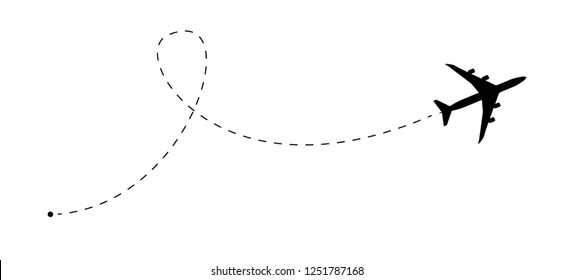 Airplane line path vector icon. Air plane flight route with start point and dash line trace