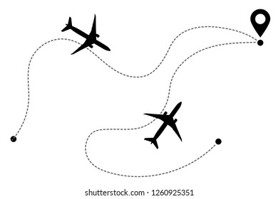 Airplane line path vector icon of air plane flight route with start point and dash line trace. Aircraft clip art icon with route path track in black and white. Airplane minimal vector illustration.