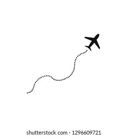 Airplane line path vector icon of air plane flight route with start point and dash line trace