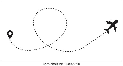 Airplane line path vector icon of air plane flight route with start point and dash line trace - Vector
