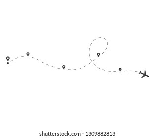 	
Airplane line path vector icon of air plane flight route with start point and dash line trace