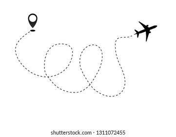 Airplane line path vector icon of air plane flight route dash line trace with start point . Vector object 10 EPS.