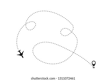 Airplane line path vector icon of air plane flight route dash line trace with start point . Vector object 10 EPS.