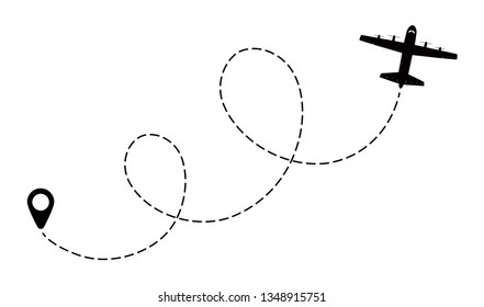 Airplane line path vector icon of air plane flight route with start point and dash line trace. Vector illustration