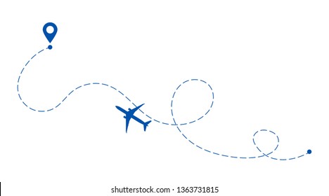 Airplane line path vector icon of air plane flight route with start point and dash line trace. Aircraft clip art icon with route path track blue on white. Airplane minimal vector illustration.