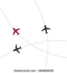 Airplane line path vector icon of air plane flight route with start point and dash line trace