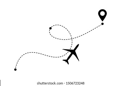 Airplane line path vector icon of air plane flight route with start point, transfer point and dash line trace. Aircraft clip art icon with route path track in black and white. Airplane clip art vector