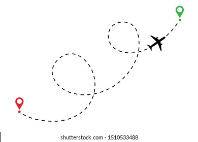 Airplane line path vector icon of air plane flight route with start point and dash line trace