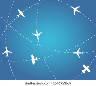 Airplane line path vector icon of air plane flight route with start point and dash line trace. Vector illustration