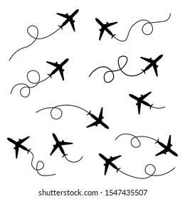 Airplane line path vector icon of air plane flight route with start point and dash line trace. Vector illustration