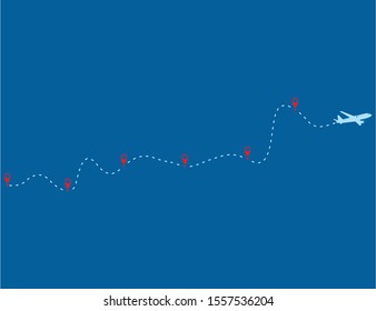 Airplane line path vector icon of air plane flight route with start point. Plane and its track on white background. Vector illustration.