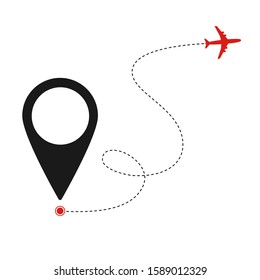 Airplane line path vector icon of air plane flight route with start point and dash line trace