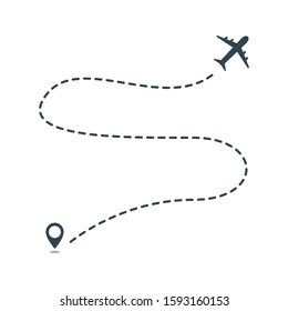 Airplane line path vector icon of air plane flight route with start point and dash line isolated on white background. Suitable for trip and travel template. Vector Illustration
